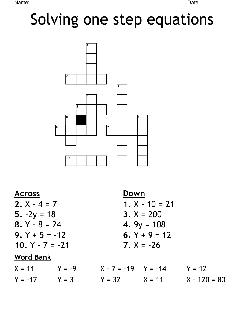Solving One Step Equations Crossword WordMint Solving One Step Equations Crossword WordMint