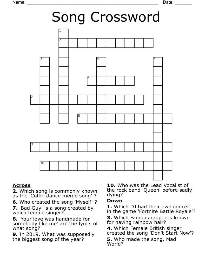 Song Crossword WordMint Song Crossword WordMint