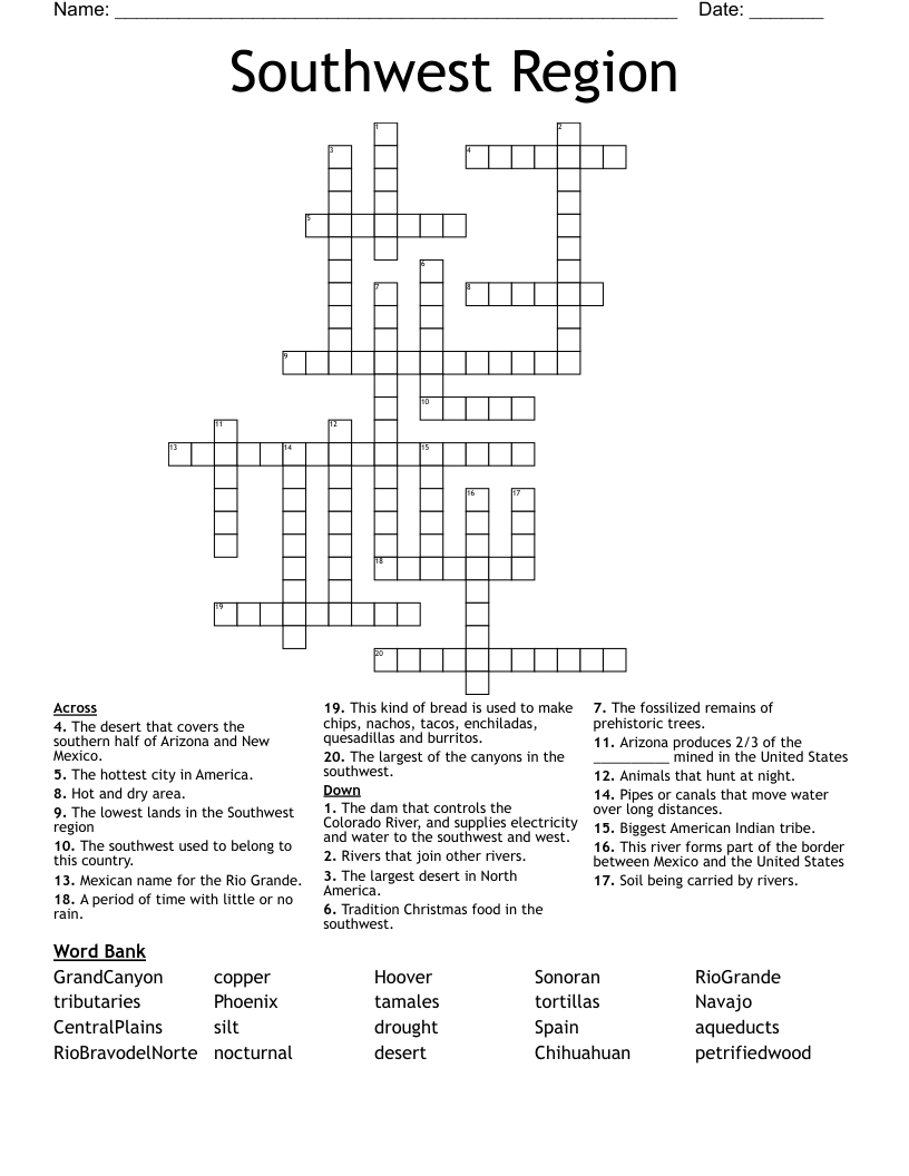 Southwest Region Crossword WordMint