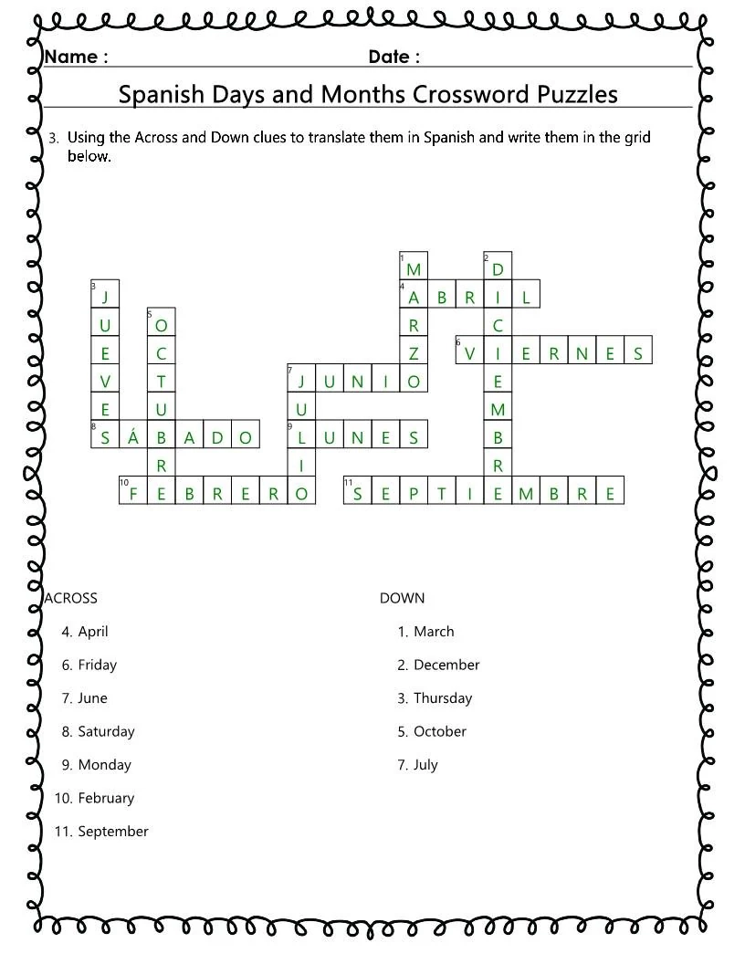 Spanish Days Months Crossword Puzzles Learn Spanish printable Activity Etsy