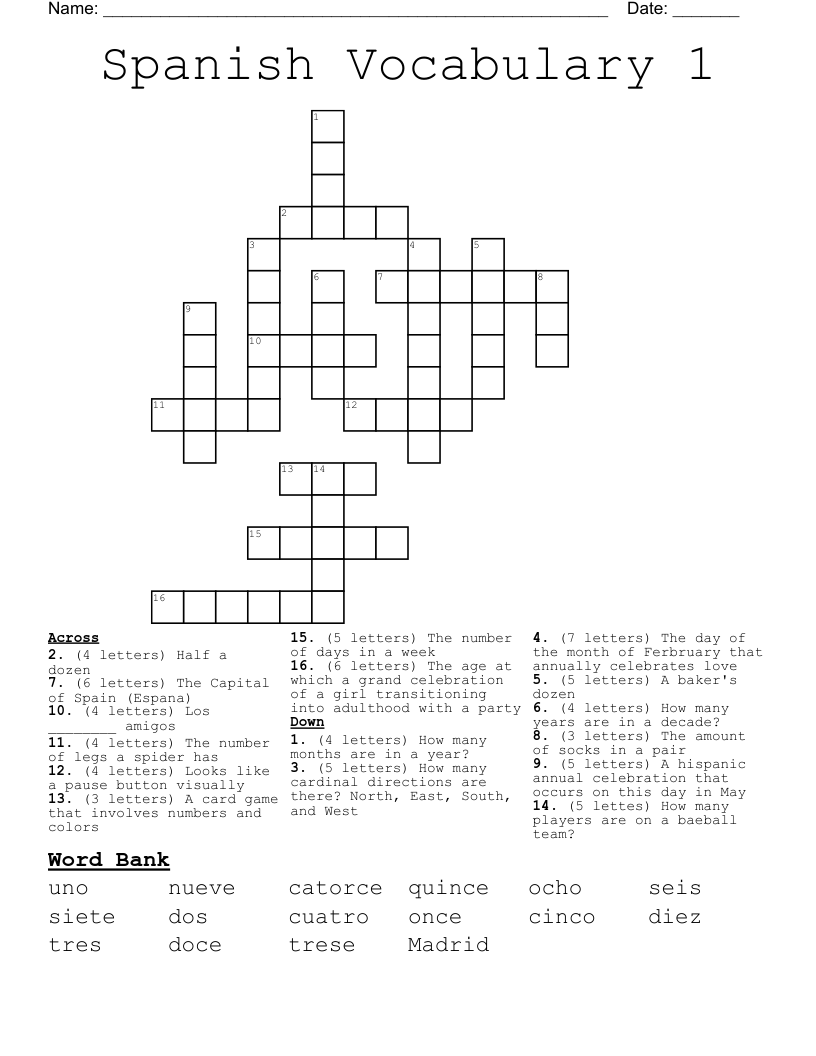 Spanish Vocabulary 1 Crossword WordMint Spanish Vocabulary 1 Crossword WordMint