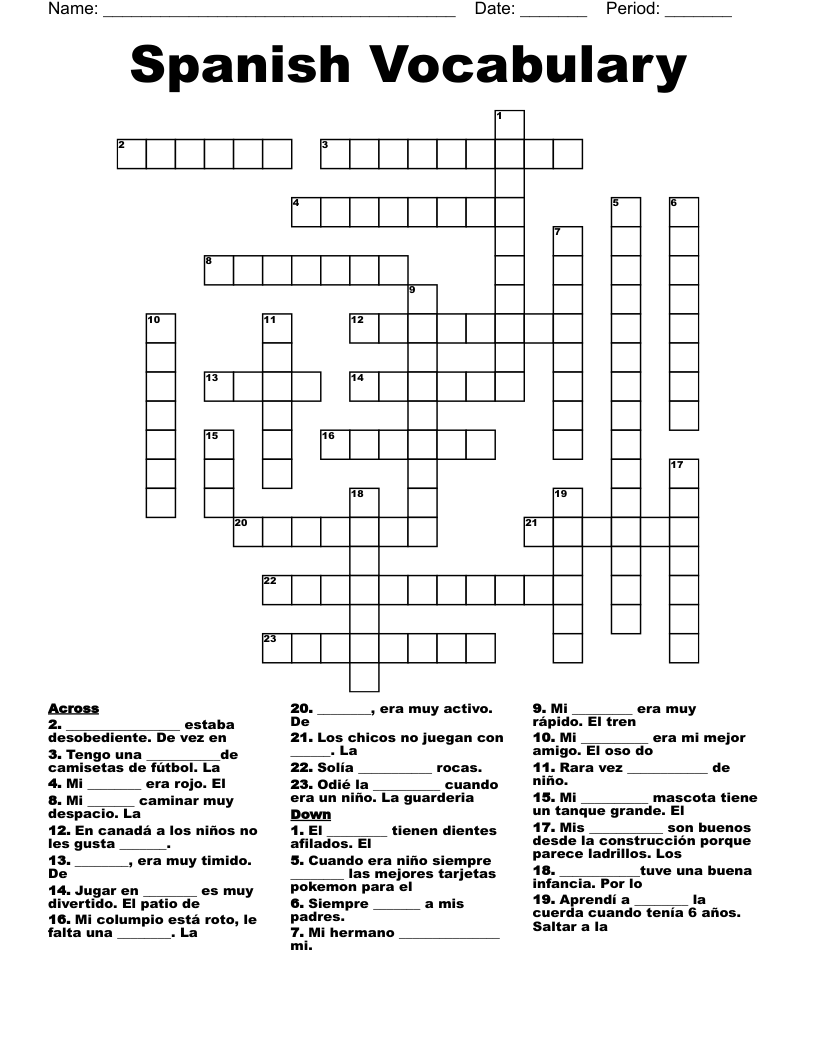 Spanish Vocabulary Crossword WordMint