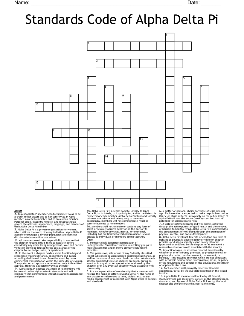 Standards Code Of Alpha Delta Pi Crossword WordMint