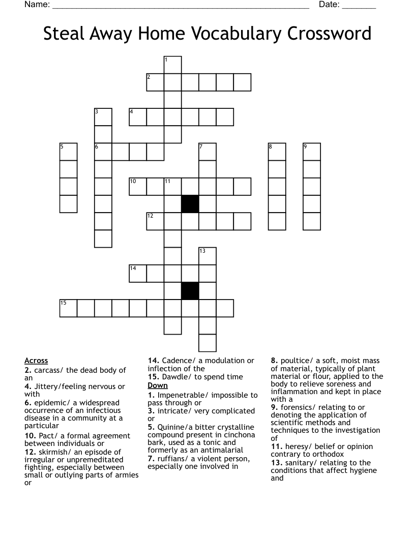 Steal Away Home Vocabulary Crossword WordMint