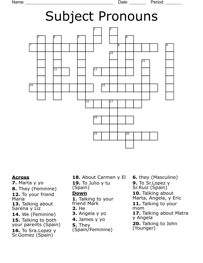 Subject Pronouns Crossword WordMint