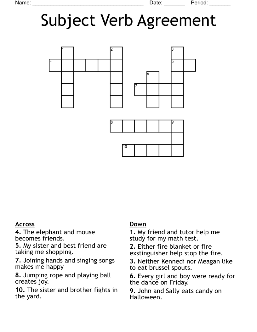 Subject Verb Agreement Crossword WordMint Subject Verb Agreement Crossword WordMint