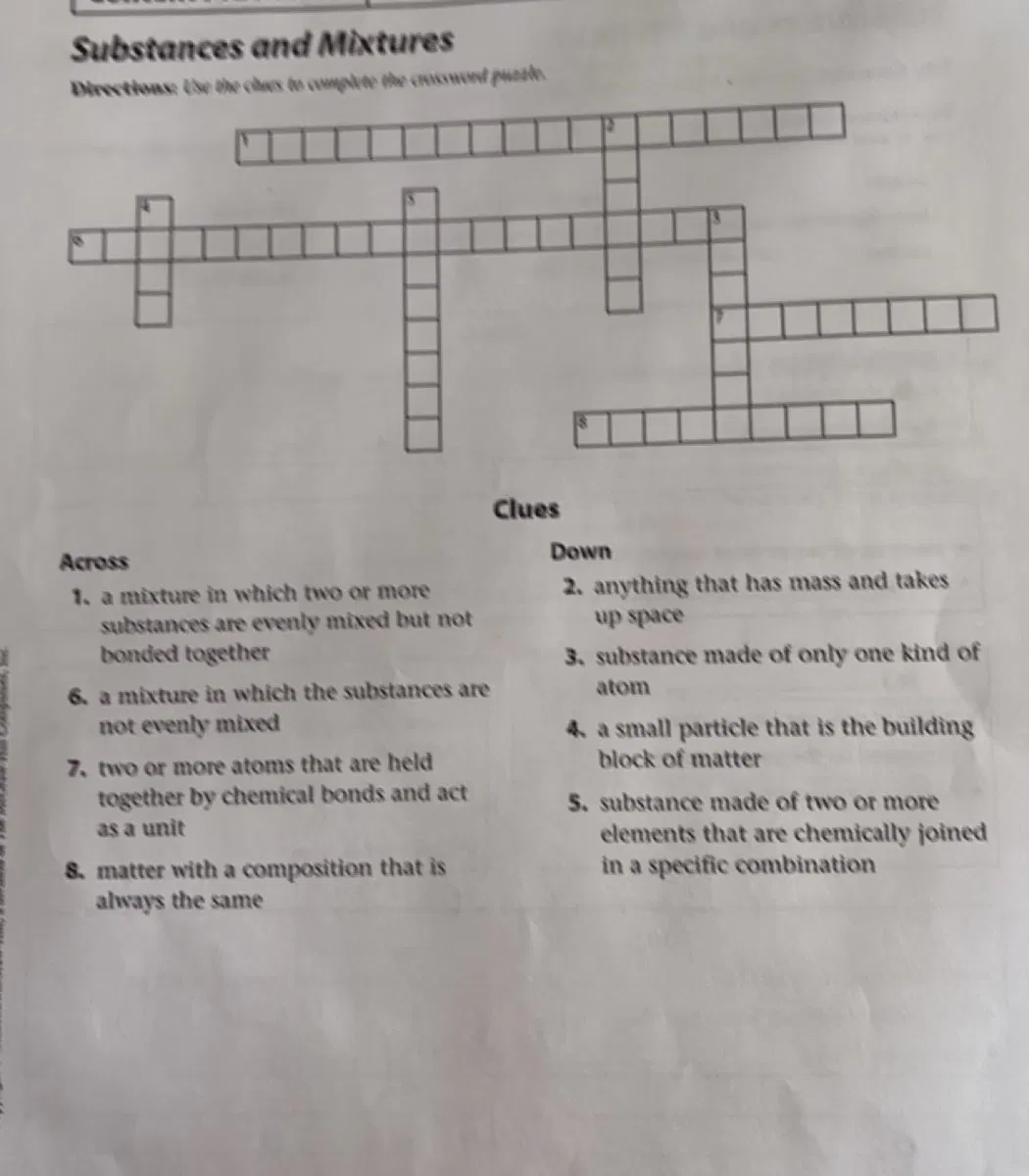 Substances And Mixtures Directions Use The Clues To Complete The Crosswo 