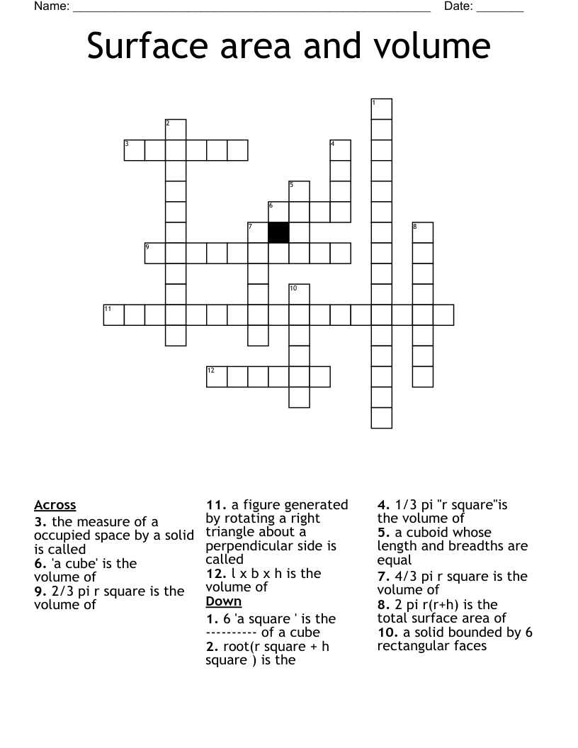 Surface Area And Volume Crossword WordMint Surface Area And Volume Crossword WordMint