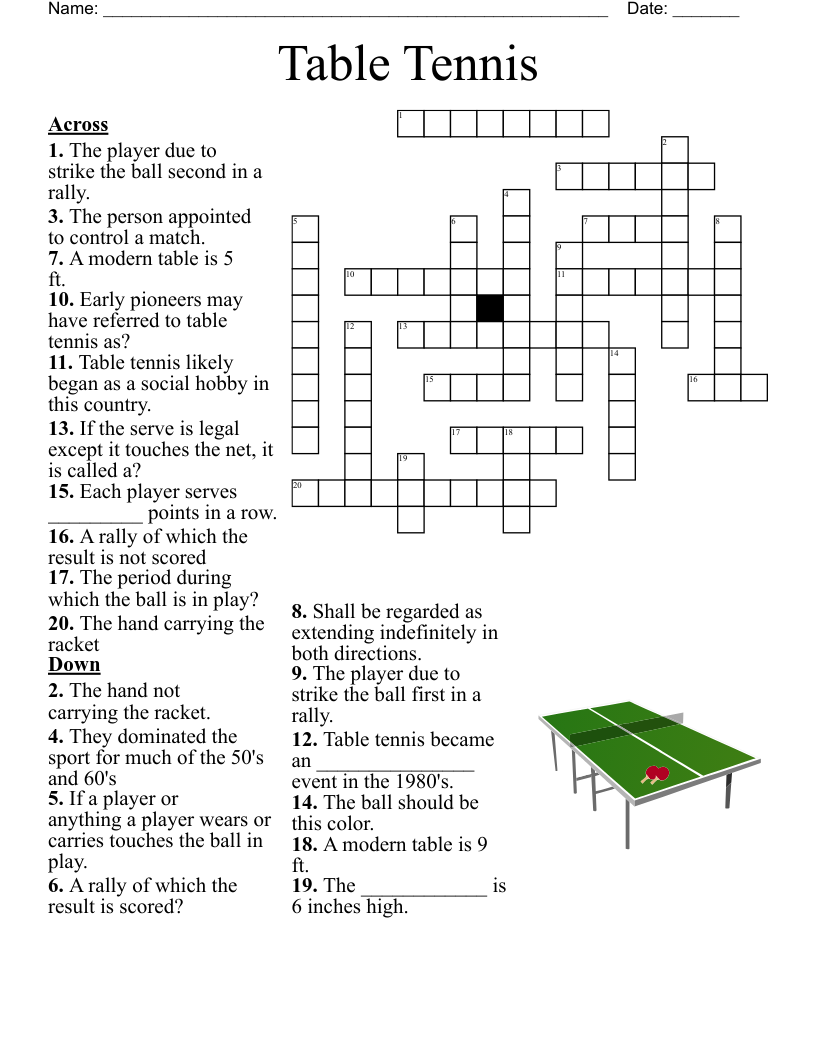 Table Tennis Crossword WordMint