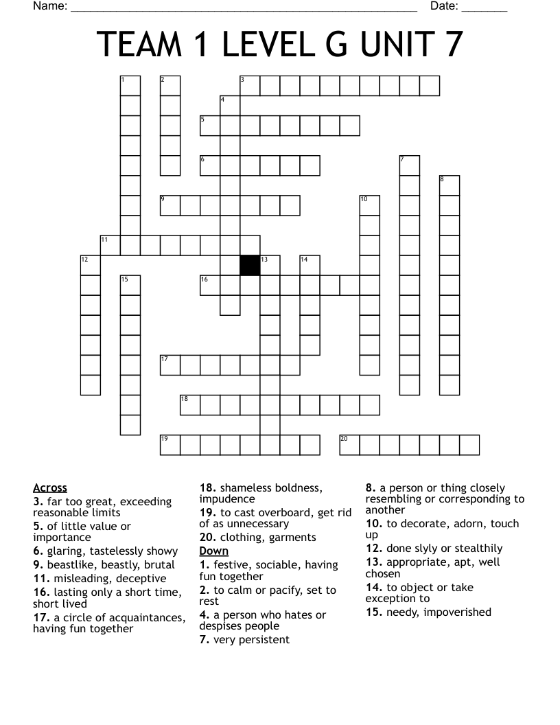 TEAM 1 LEVEL G UNIT 7 Crossword WordMint TEAM 1 LEVEL G UNIT 7 Crossword WordMint