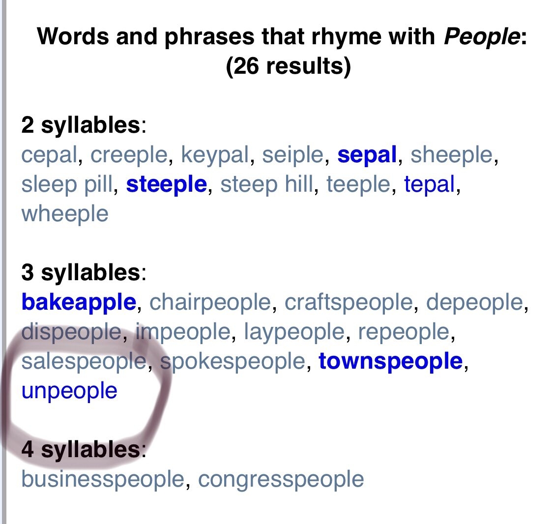 Thanks So Much Rhymezone It s Really Helpful For The Thing I m Writing To Know That People Rhymes With unpeople Thanks So Much Rhymezone It s Really Helpful For The Thing I m Writing To Know That People Rhymes With unpeople