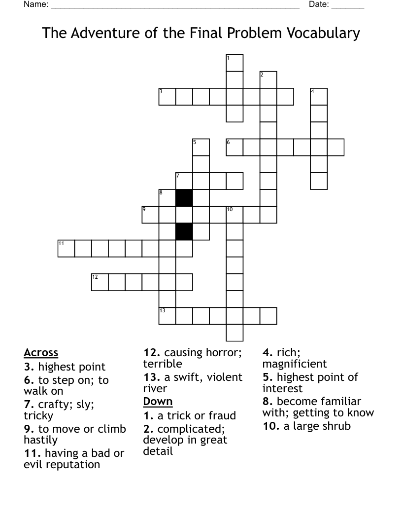 The Adventure Of The Final Problem Vocabulary Crossword WordMint The Adventure Of The Final Problem Vocabulary Crossword WordMint