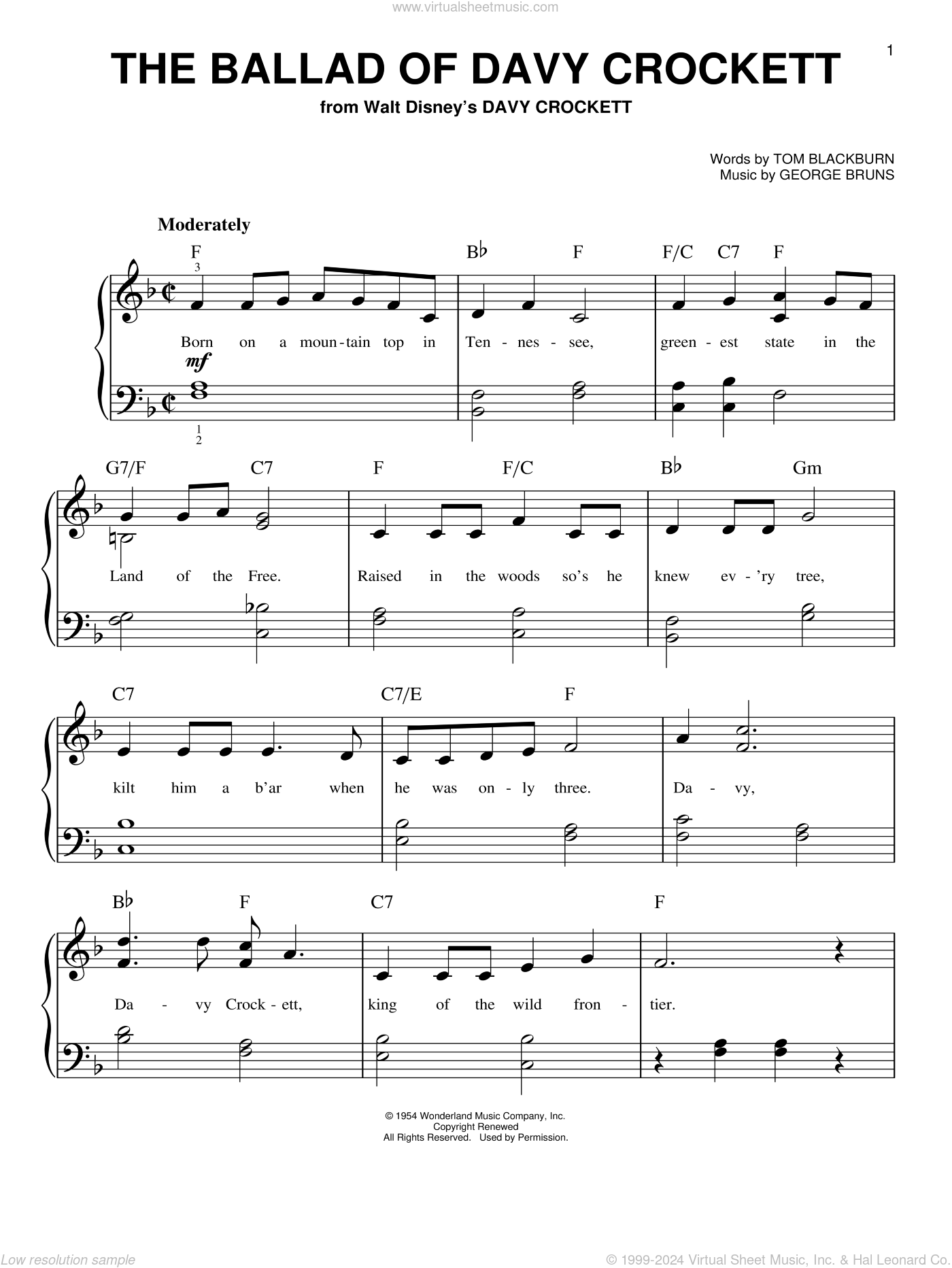 The Ballad Of Davy Crockett from Davy Crockett easy Sheet Music For Piano Solo