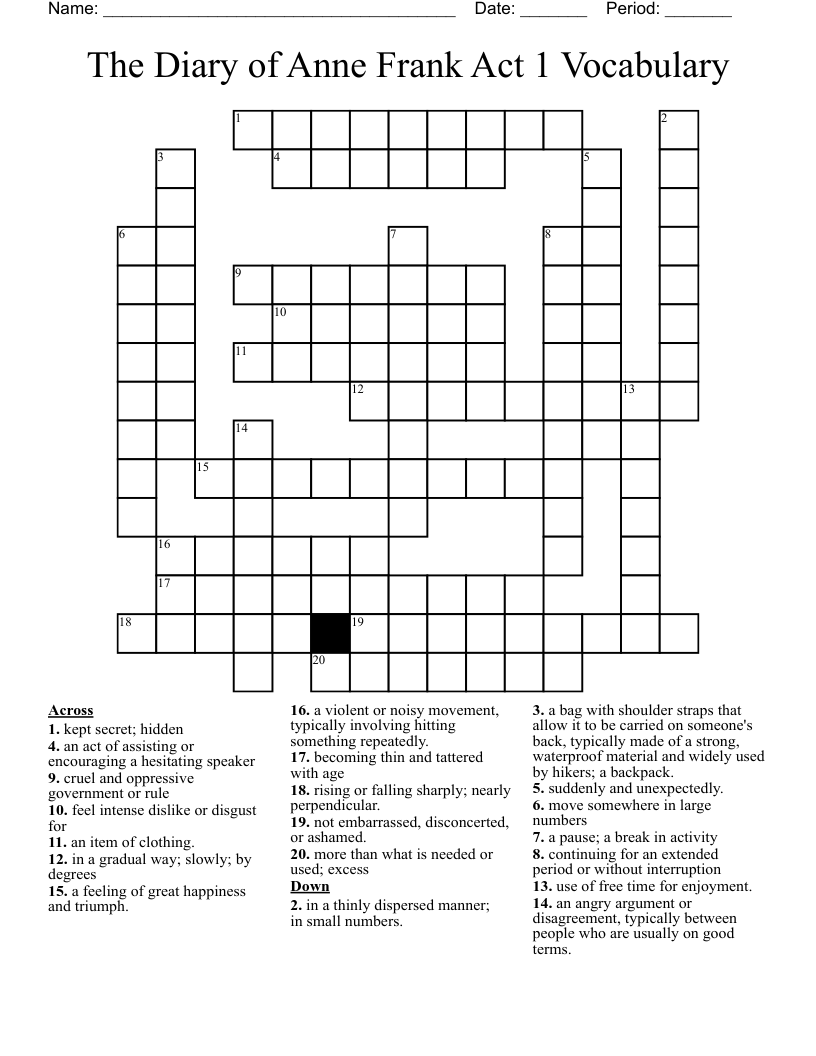 The Diary Of Anne Frank Act 1 Vocabulary Crossword WordMint