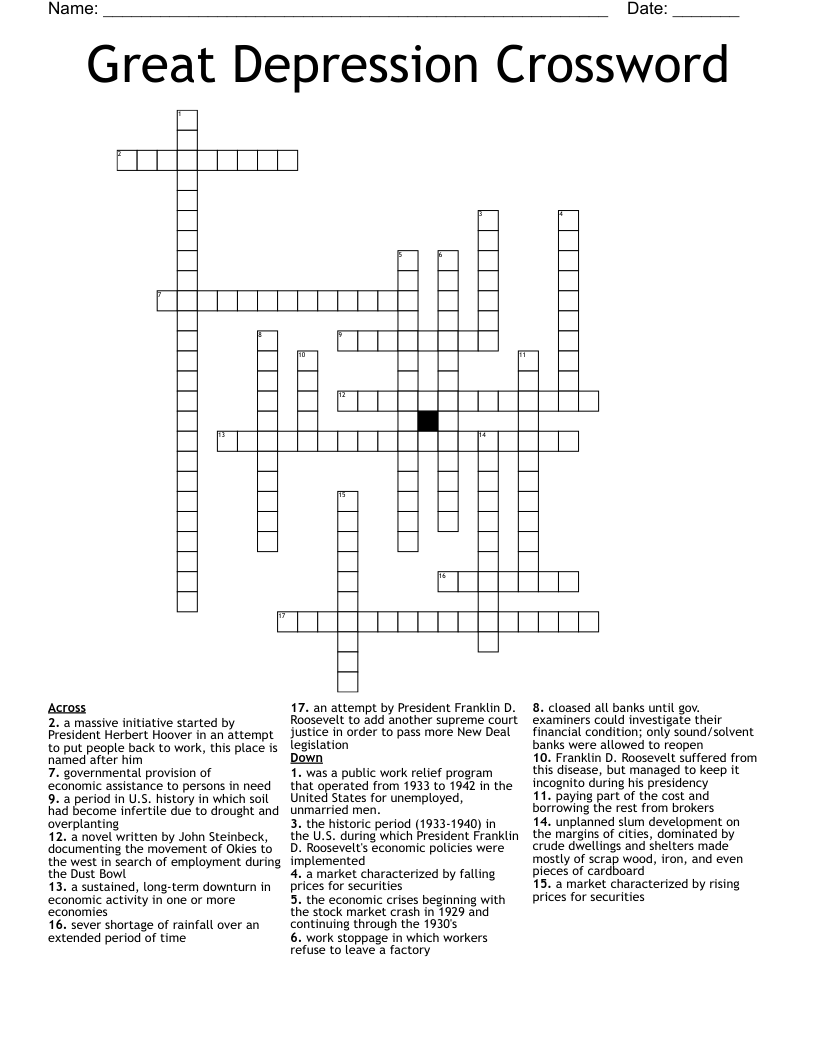 The Great Depression The New Deal Crossword WordMint
