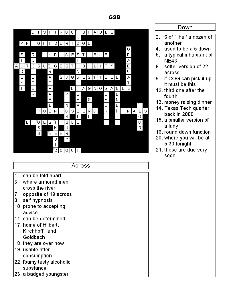 one across crossword solutions