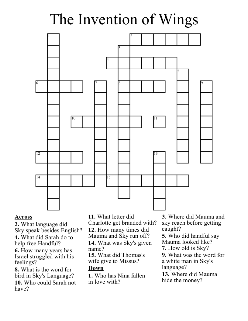 The Invention Of Wings Crossword WordMint The Invention Of Wings Crossword WordMint