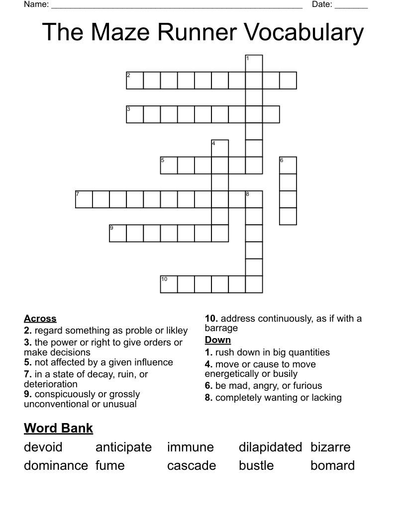 The Maze Runner Vocabulary Crossword WordMint