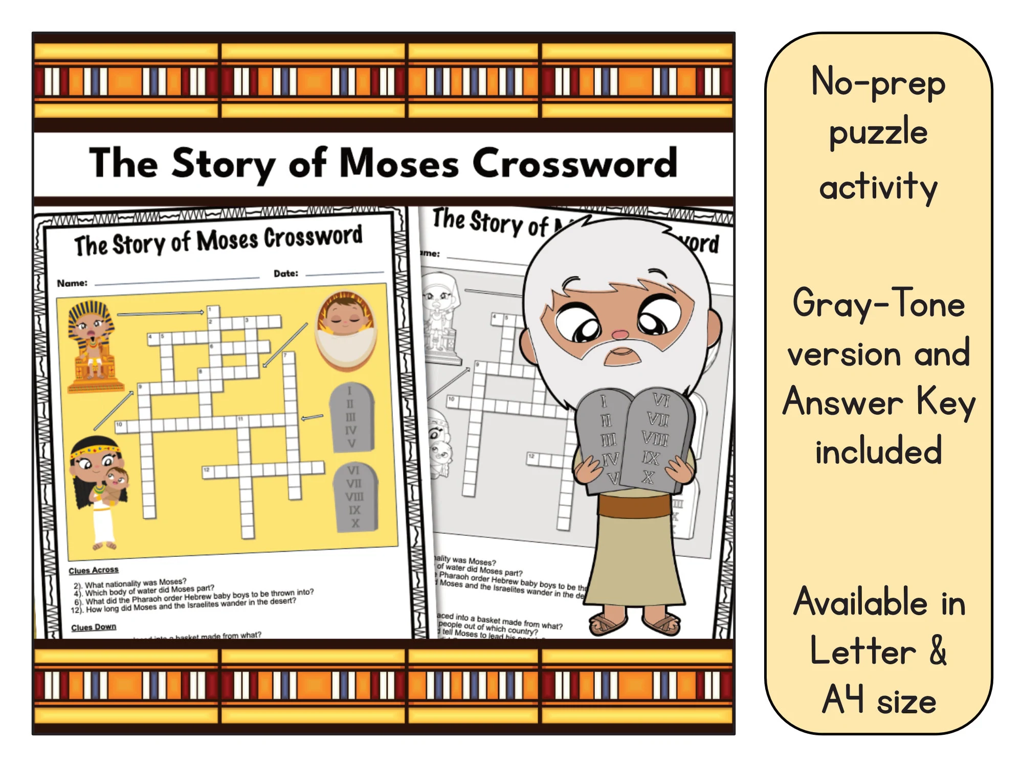 The Story Of Moses Crossword Puzzle Printable Answer Key Included Available In US Letter 8 5 X 11 And A4 Size Etsy