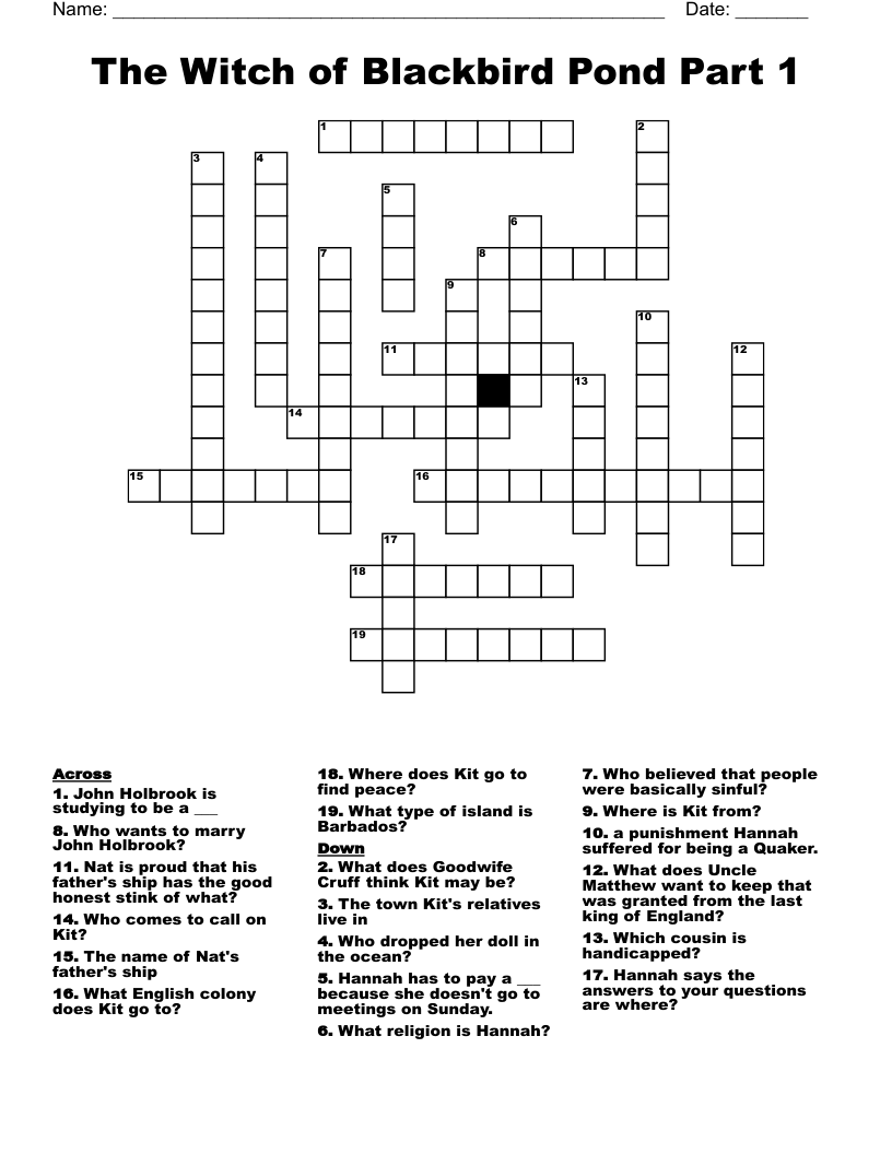 The Witch Of Blackbird Pond Part 1 Crossword WordMint
