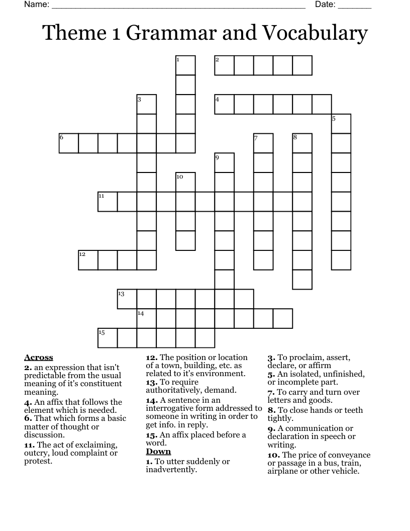 Theme 1 Grammar And Vocabulary Crossword WordMint