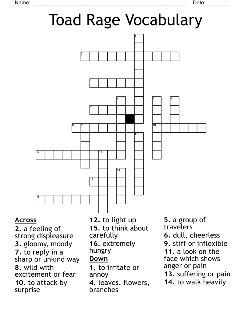 Toad Rage Vocabulary Crossword WordMint