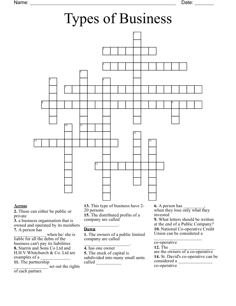 Types Of Business Crossword WordMint
