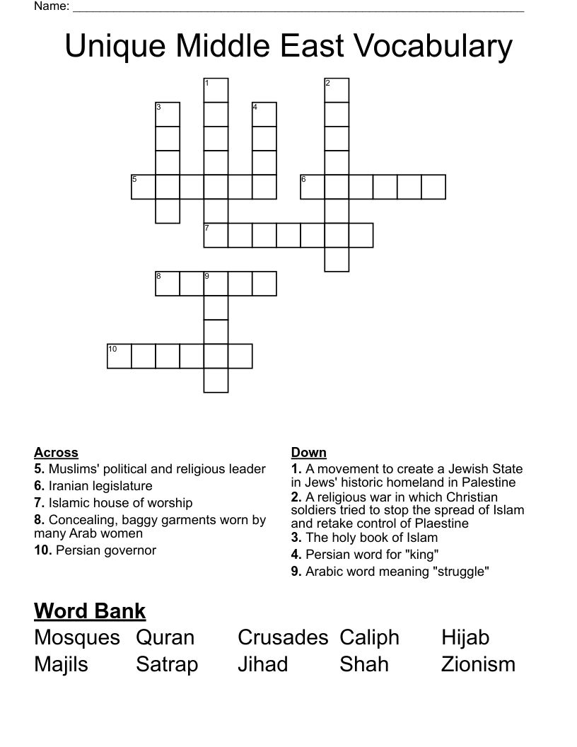 Unique Middle East Vocabulary Crossword WordMint