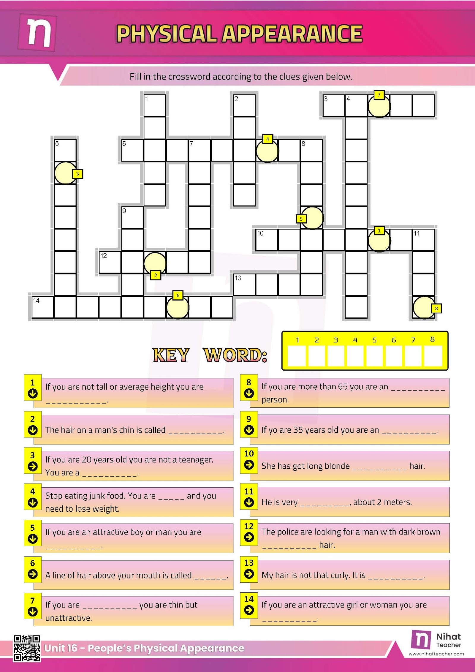 Unit 16 Describing People s Physical Appearance Crossword Free English Learning And Teaching Resources Free PDF Worksheets And Multiple Choice Tests 