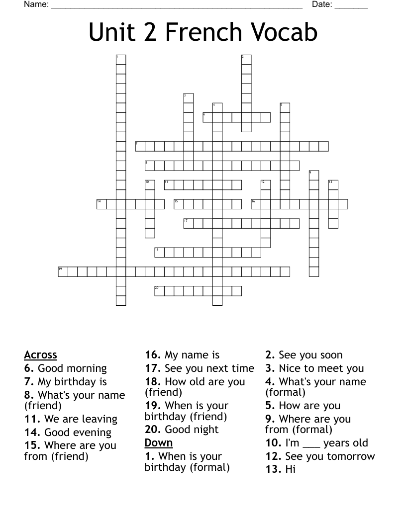 Unit 2 French Vocab Crossword WordMint