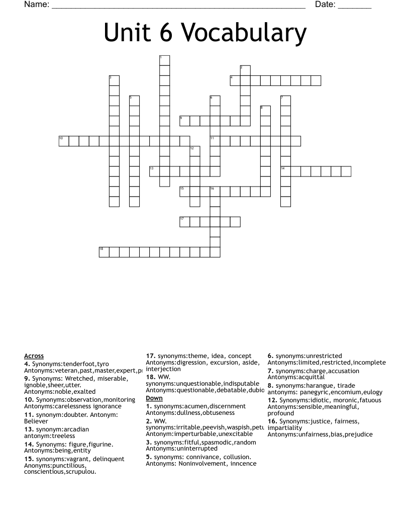 Unit 6 Vocabulary Crossword WordMint