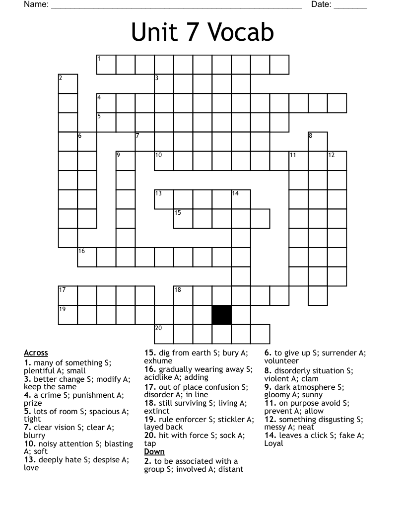 Unit 7 Vocab Crossword WordMint