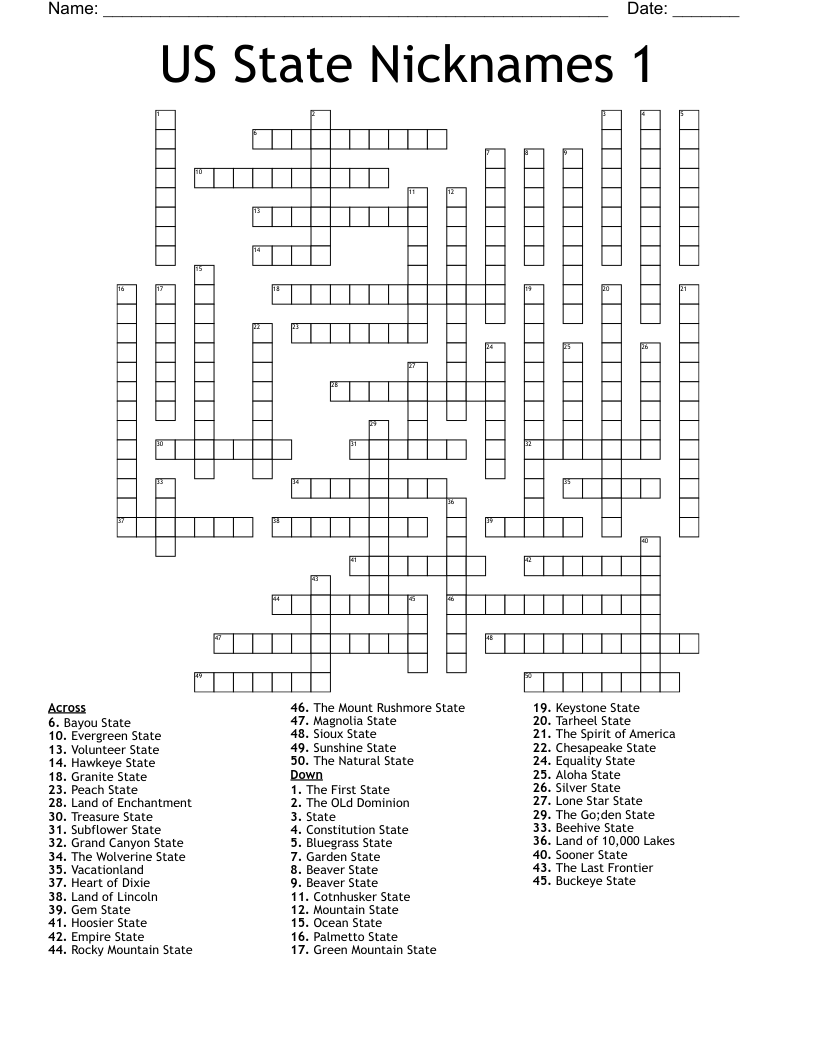 US State Nicknames 1 Crossword WordMint US State Nicknames 1 Crossword WordMint