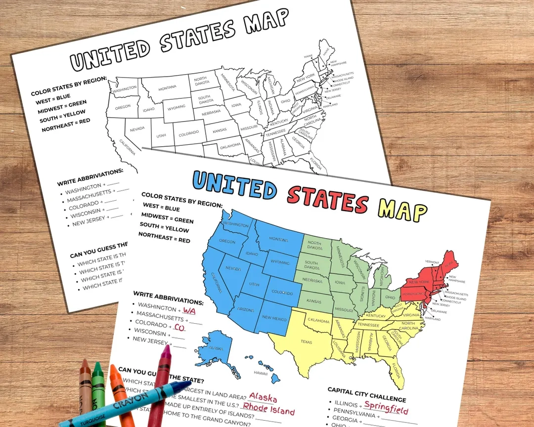 USA States Regions Placemat Printable Fun Coloring Geography Worksheet For Kids Educational Map Activity Homeschool And Travel Use Etsy