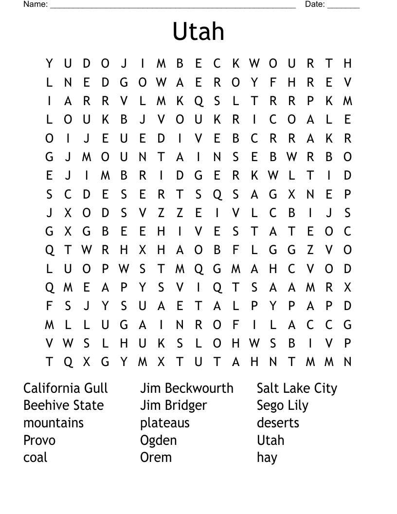 Utah Crossword Puzzle WordMint Utah Crossword Puzzle WordMint