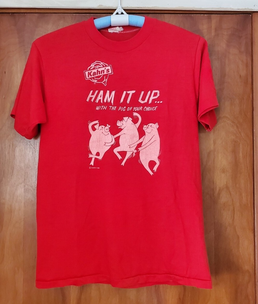 Vintage 80 s Kahns T Shirt L Single Stitched By Wolf Ham It Up Print USA EBay