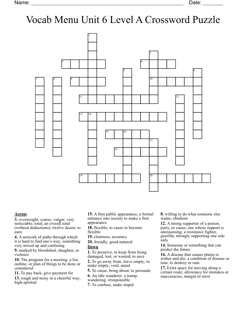 Vocab Menu Unit 6 Level A Crossword Puzzle WordMint Vocab Menu Unit 6 Level A Crossword Puzzle WordMint