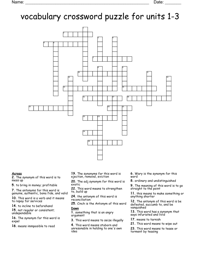 Vocabulary Crossword Puzzle For Units 1 3 WordMint Vocabulary Crossword Puzzle For Units 1 3 WordMint