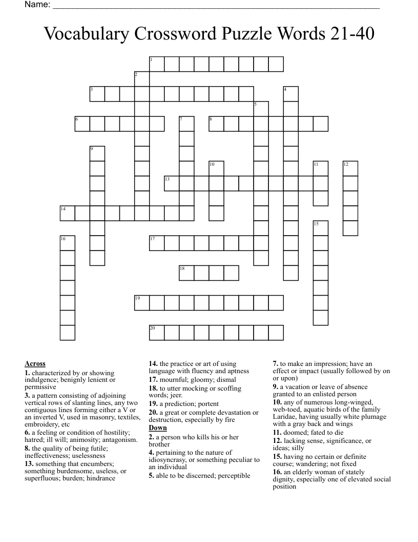 Vocabulary Crossword Puzzle Words 21 40 WordMint