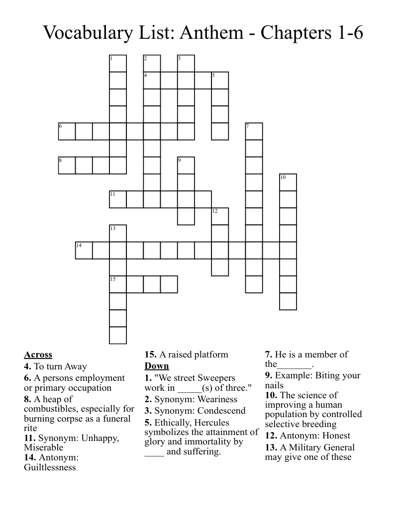 Vocabulary List Anthem Chapters 1 6 Crossword WordMint Vocabulary List Anthem Chapters 1 6 Crossword WordMint