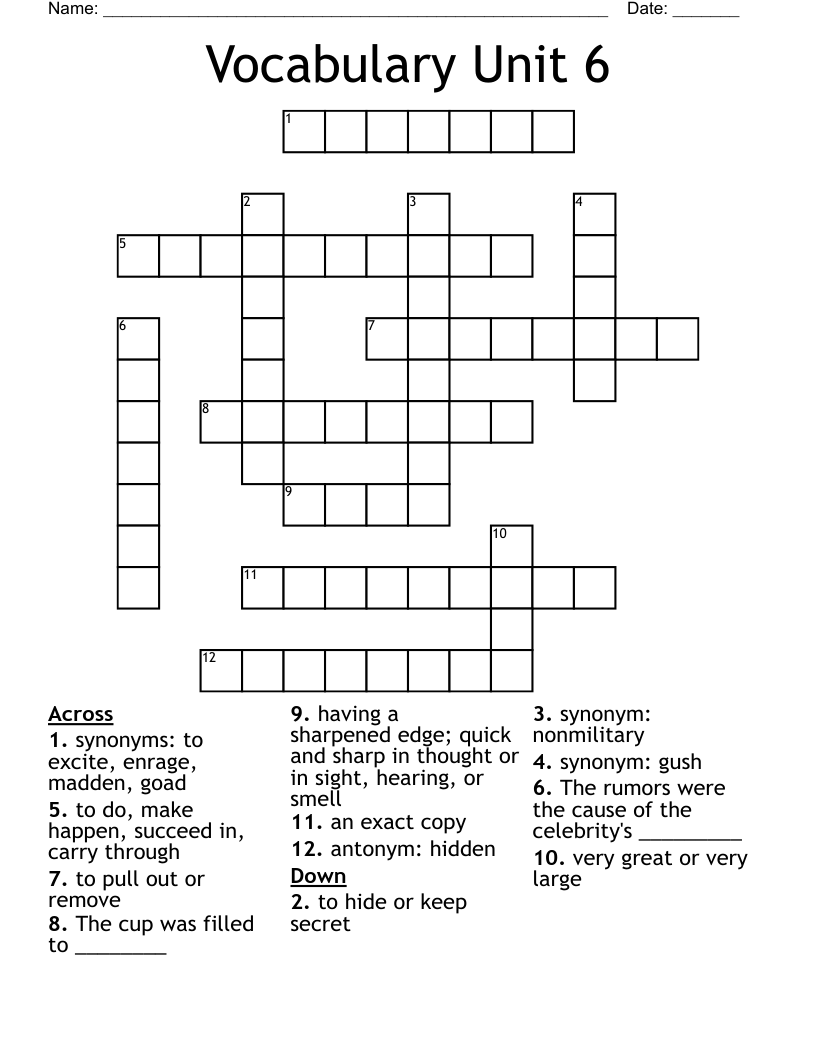 Vocabulary Unit 6 Crossword WordMint