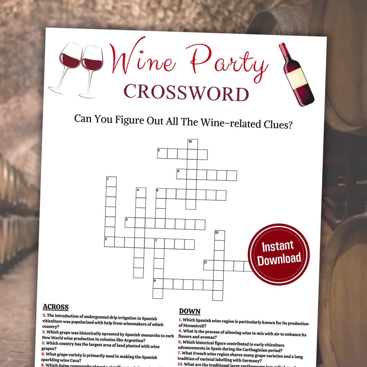 Wine Crossword Game Wine Crossword Puzzle Game Printable Wine Party Trivia Game Wine Word Game Wine Party Instant Download Etsy