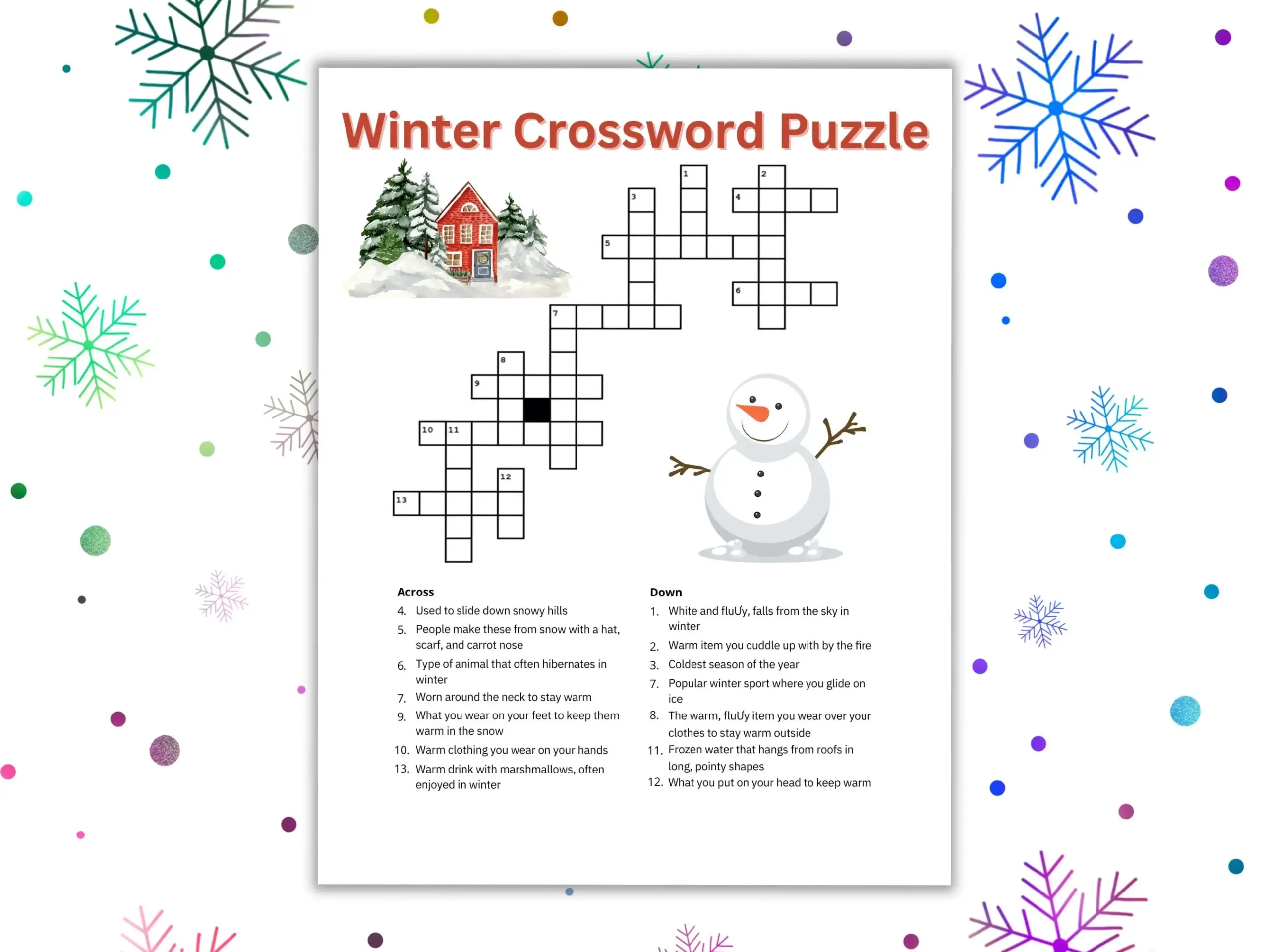 Winter Crossword Puzzle Printable Worksheet Game For Kids Adults Seniors Family Winter Game Etsy