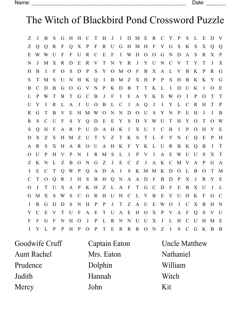 Witch Of Blackbird Pond Crossword WordMint Witch Of Blackbird Pond Crossword WordMint