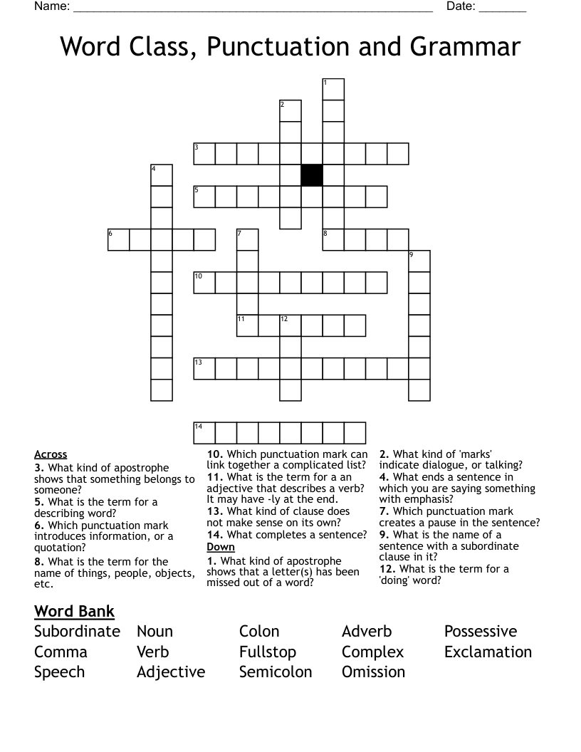 Word Class Punctuation And Grammar Crossword WordMint