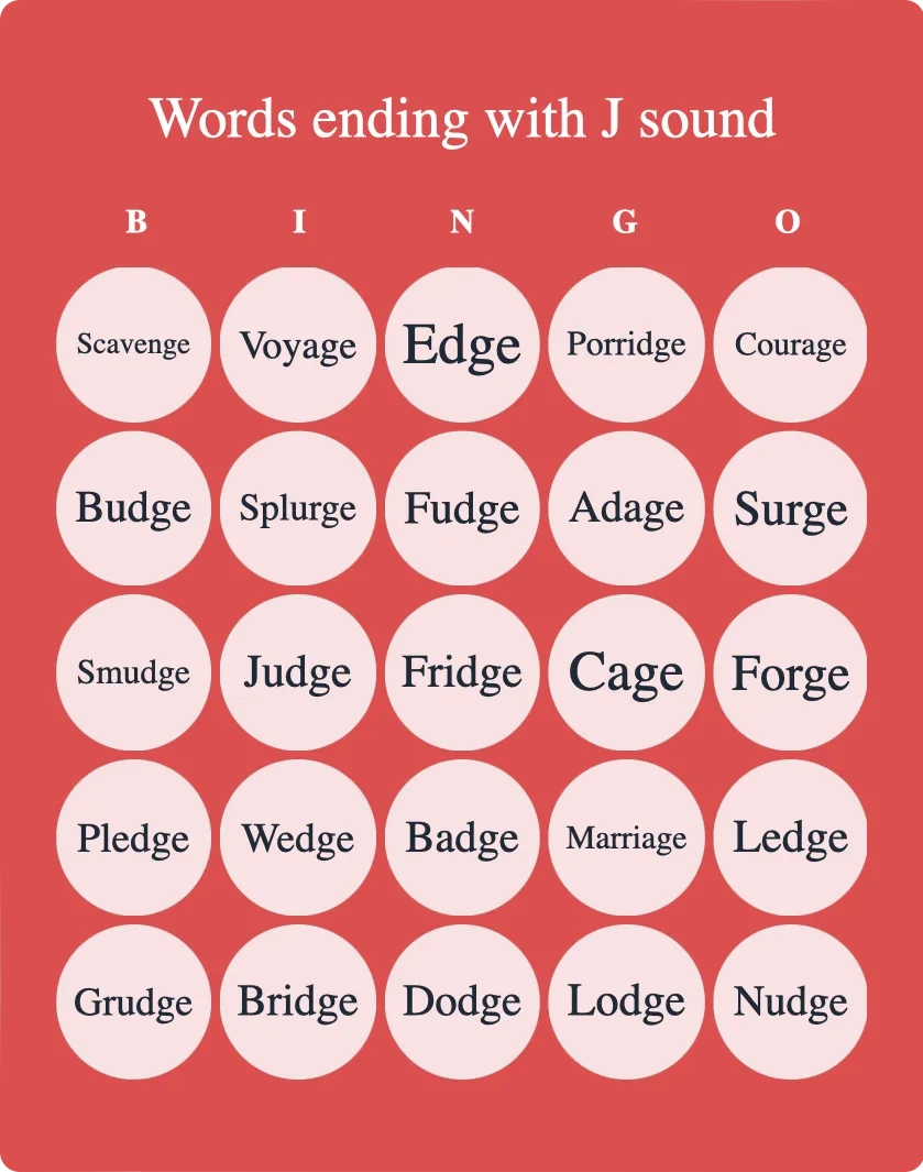 Words Ending With J Sound Bingo Card Creator