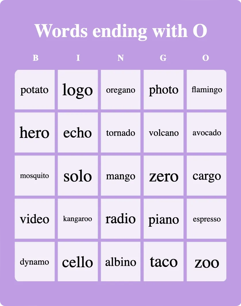 Words Ending With O Bingo Card Creator