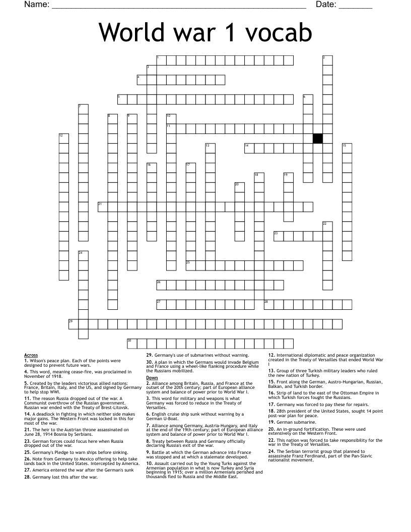 World War 1 Vocab Crossword WordMint