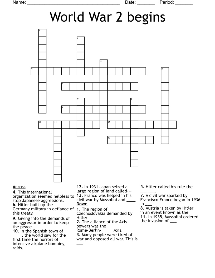 World War 2 Begins Crossword WordMint